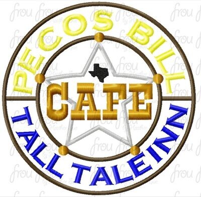 Pesos Bill Tall Tale Inn Restaurant Logo Sign Wording Machine Applique and filled Embroidery Design, multiple sizes including 3"-16"