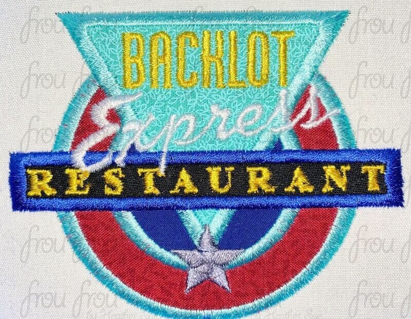 Back of the Lot Express Restaurant Logo Sign Wording Machine Applique and filled Embroidery Design, multiple sizes including 3&quot;-16&quot;