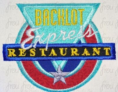 Back of the Lot Express Restaurant Logo Sign Wording Machine Applique and filled Embroidery Design, multiple sizes including 3