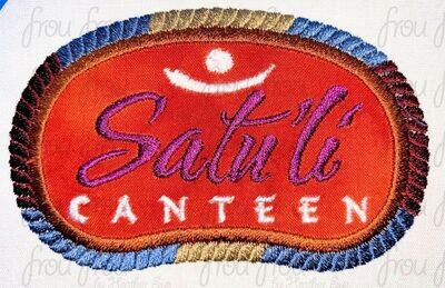 Satooli Canteen Restaurant Logo Sign Wording Machine Applique and filled Embroidery Design, multiple sizes including 3"-16"