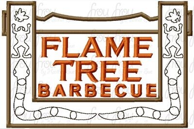 Flaming Tree Restaurant Logo Sign Wording Machine Applique and filled Embroidery Design, multiple sizes including 3