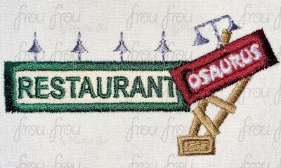 Dinosaur Restaurant Logo Sign Wording Machine Applique and filled Embroidery Design, multiple sizes including 3