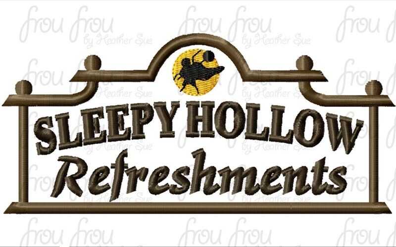 Sleep In Hollow Refreshments Restaurant Logo Sign Wording Machine Applique and filled Embroidery Design, multiple sizes including 3&quot;-16&quot;