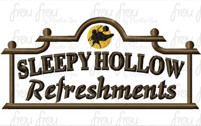 Sleep In Hollow Refreshments Restaurant Logo Sign Wording Machine Applique and filled Embroidery Design, multiple sizes including 3