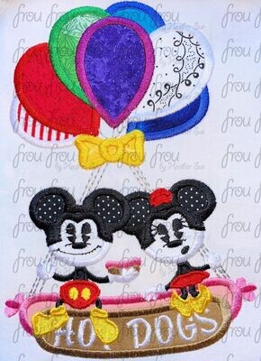 Balloons and Hot Dog Mister and Miss Mouse Runway Railroad Machine Applique and Filled Embroidery Design, Multiple Sizes including 4"-16"