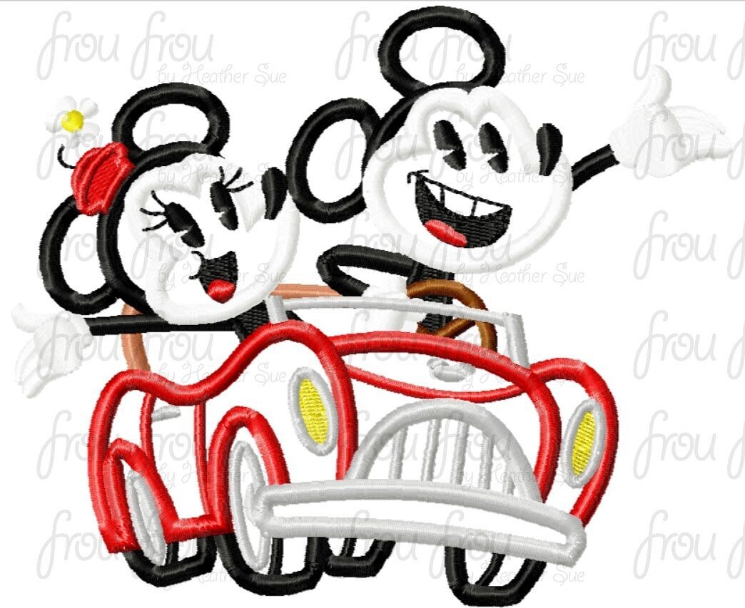 Car Mister and Miss Mouse Runway Railroad Machine Applique and filled Embroidery Design, Multiple Sizes including 4"-16"