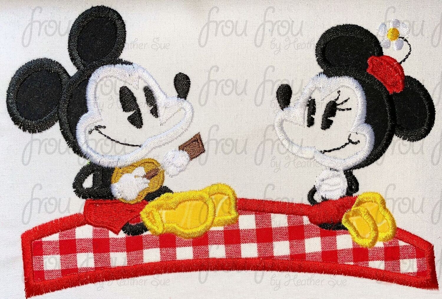 Picnic Mister and Miss Mouse Runway Railroad Machine Applique and filled Embroidery Design, Multiple Sizes including 4"-16"