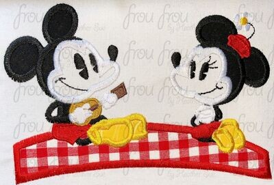 Picnic Mister and Miss Mouse Runway Railroad Machine Applique and filled Embroidery Design, Multiple Sizes including 4"-16"