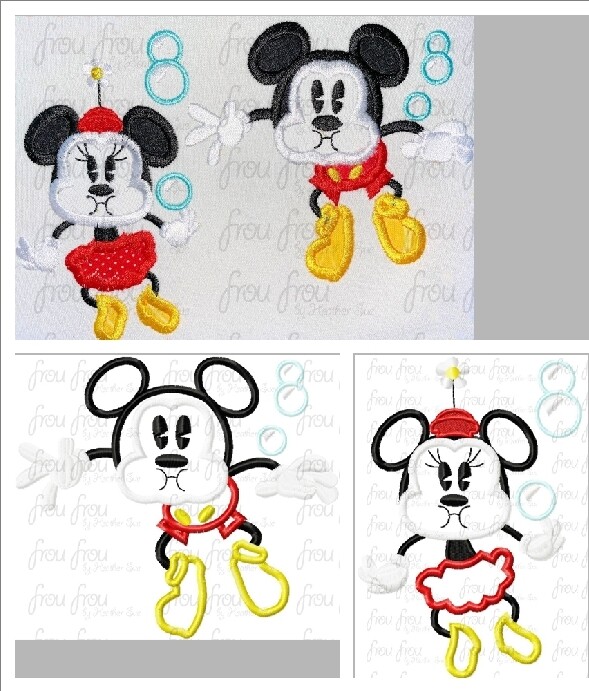 Underwater Mister and Miss Mouse THREE Design SET Runway Railroad Machine Applique and filled Embroidery Design, Multiple Sizes including some in 3