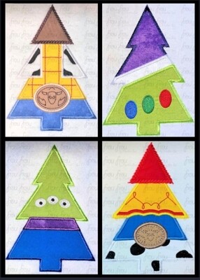 Toy Movie Christmas Tree FOUR Design SET Machine Applique Embroidery Design, Multiple Sizes 2"-16"