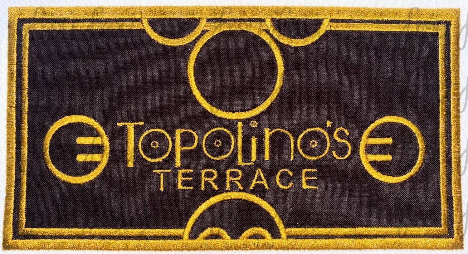 Top Olino's Terrace Restaurant Machine Applique and filled Embroidery Design, multiple sizes including 3.5