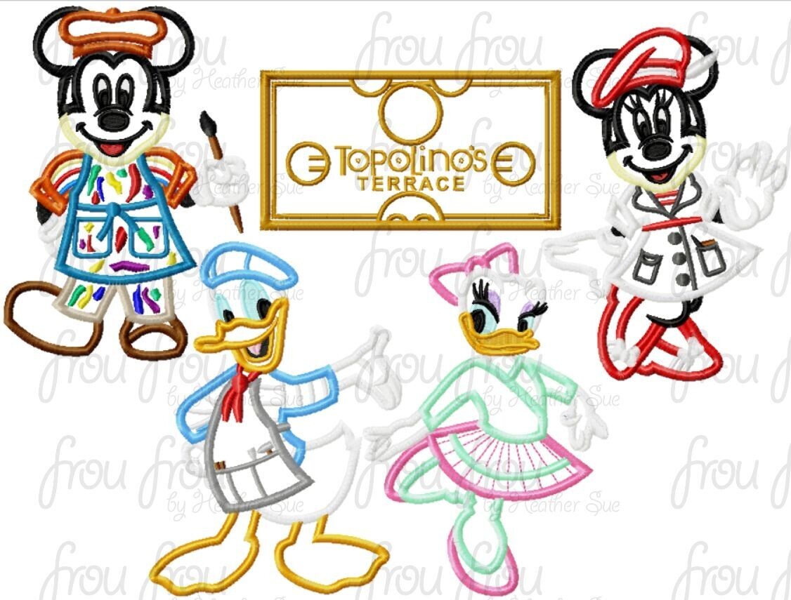 Top Olino's Terrace Restaurant Artist Mister Mouse and Friends Full Body FIVE Design SET Machine Applique Embroidery Design, multiple sizes including 4