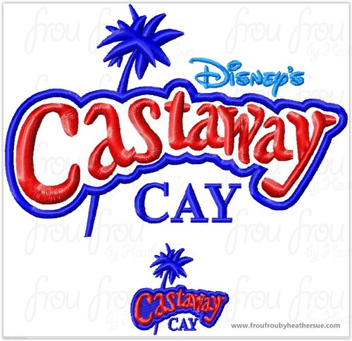 Castmember Cay Dis Cruise Ship Wording Applique with Palm Tree Machine Embroidery Designs, Multiple sizes including 2, 3, 4, 7, and 9 inch