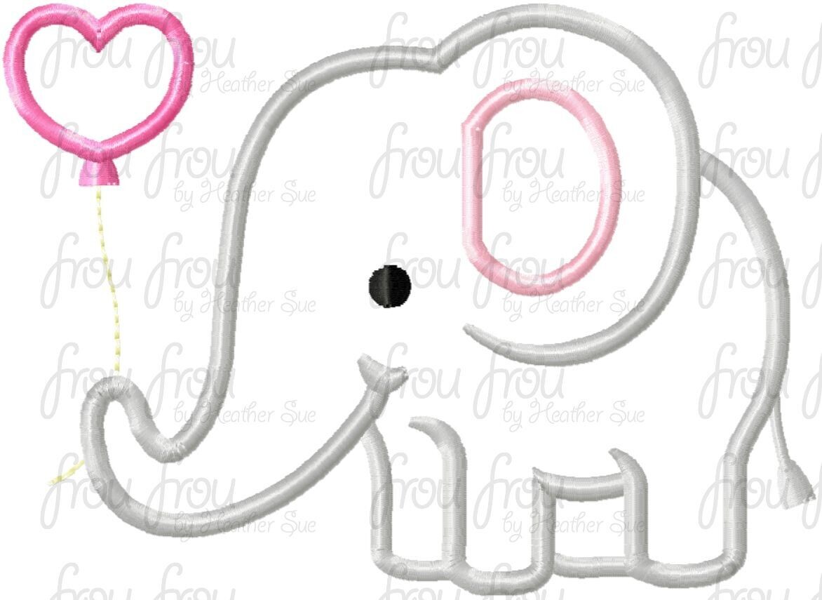 Elephant Holding Balloon Machine Applique and Filled Embroidery Design, multiple sizes, including 2&quot;-16&quot;