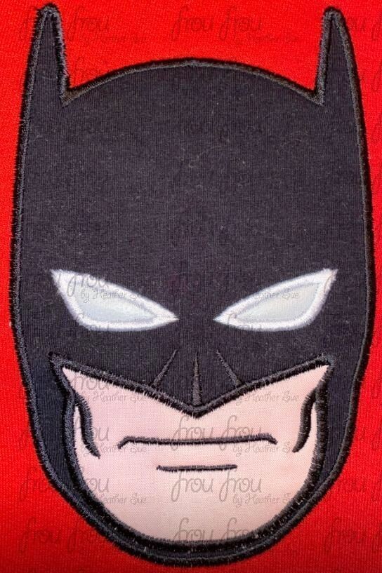 Bat Superhero Head Machine Applique and Filled Embroidery Design, Multiple Sizes, including 2