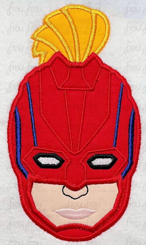 Captain Marvelous Head Superhero Machine Applique and Filled Embroidery Design, Multiple Sizes, including 2"-16"