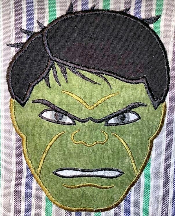 Hulking Superhero Head Machine Applique and Filled Embroidery Design, Multiple Sizes, including 2"-16"