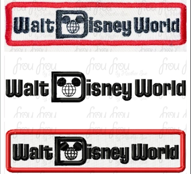 Walt Dis World Classic Logo THREE versions- Applique, Filled, and Just lettering Machine Applique and Filled Embroidery Design 3&quot;-16&quot;