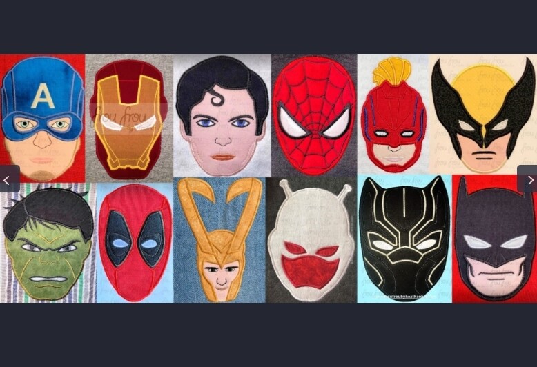 Superheros Head and Face TWELVE Design SET Machine Applique and Filled Embroidery Design, Multiple Sizes, including 2"-16"