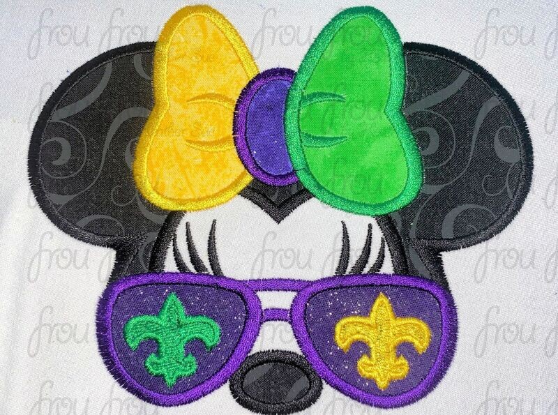 Mardi Gras Sunglasses Miss Mouse, Machine Applique and Filled Embroidery Design 2&quot;-16&quot;