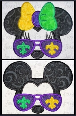 Mardi Gras Sunglasses Mister and Miss Mouse TWO Design SET Machine Applique and Filled Embroidery Design 2