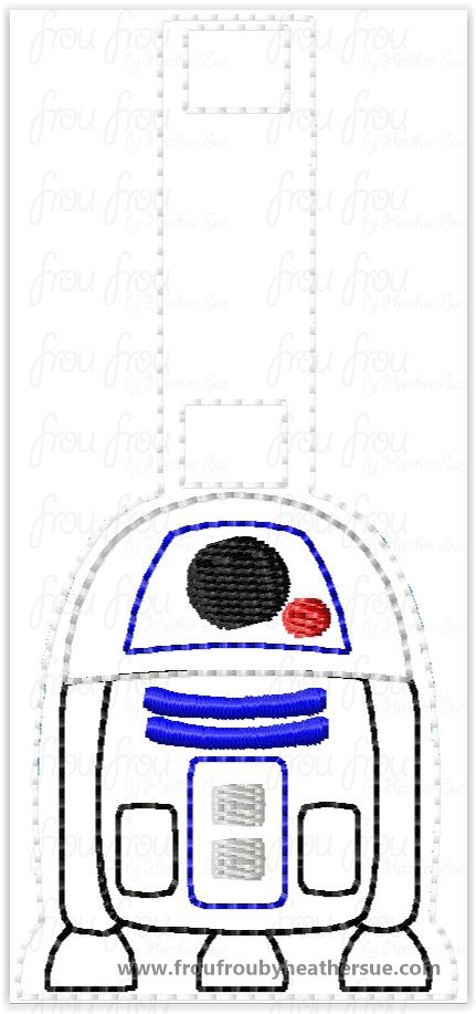 R3D3 Robot Key Fob, short and long tab, velcro or snaps, THREE SIZES in the hoop Machine Applique Embroidery Design- 4&quot;, 7&quot;, and 10&quot;