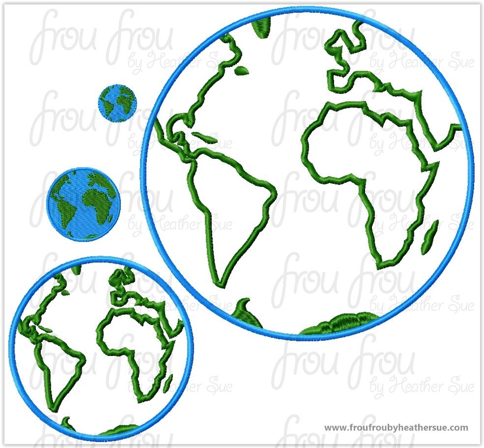 Globe Earth World Machine Applique and filled Embroidery Design- Multiple Sizes- 1"-16"