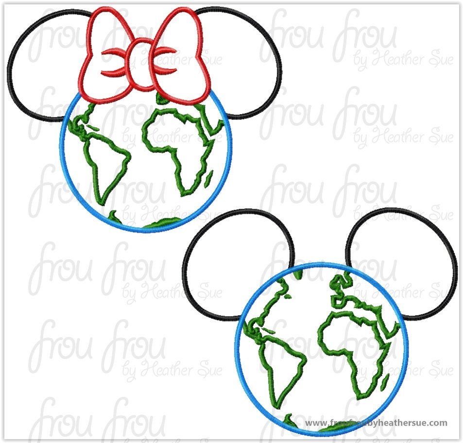 Earth World Globe Mister and Miss Mouse Head TWO Design SET Machine Applique Embroidery Designs, multiple sizes including 4&quot;-16&quot;