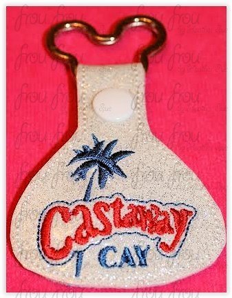 Cast Away Cay Dis Cruise Line Island Wording Key Fob, short and long tab, velcro or snaps, THREE SIZES in the hoop Machine Applique Embroidery Design- 4&quot;, 7&quot;, and 10&quot;