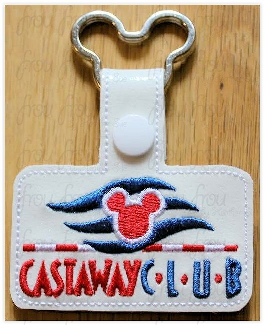 Cast Away  Club Dis Cruise Line Island Wording Key Fob, short and long tab, velcro or snaps, THREE SIZES in the hoop Machine Applique Embroidery Design- 4&quot;, 7&quot;, and 10&quot;