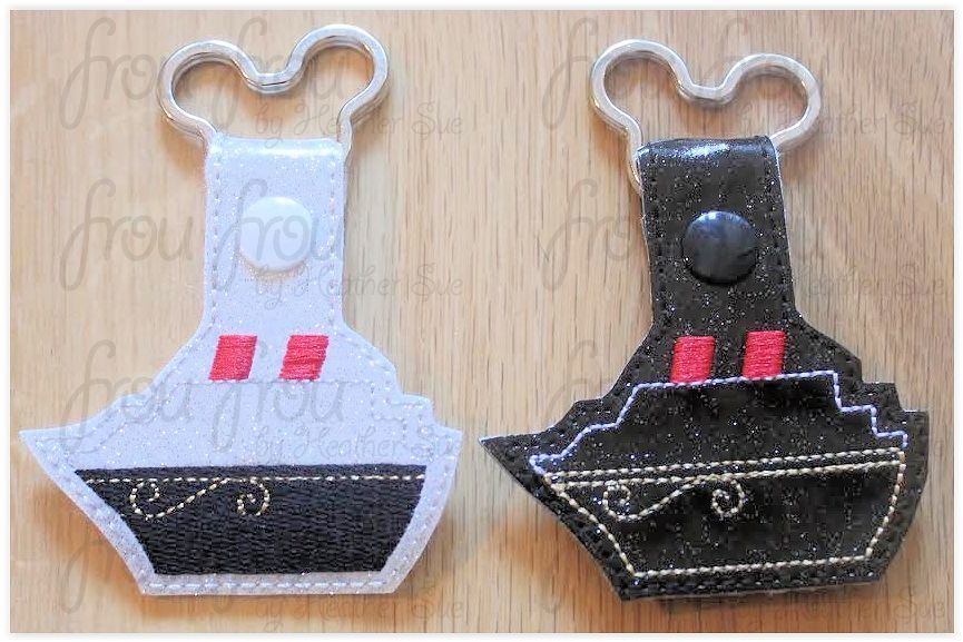 Cruise Ship Dis Cruise Line Key Fob, TWO versions- filled and outline both short and long tab, velcro or snaps, THREE SIZES in the hoop Machine Applique Embroidery Design- 4&quot;, 7&quot;, and 10&quot;