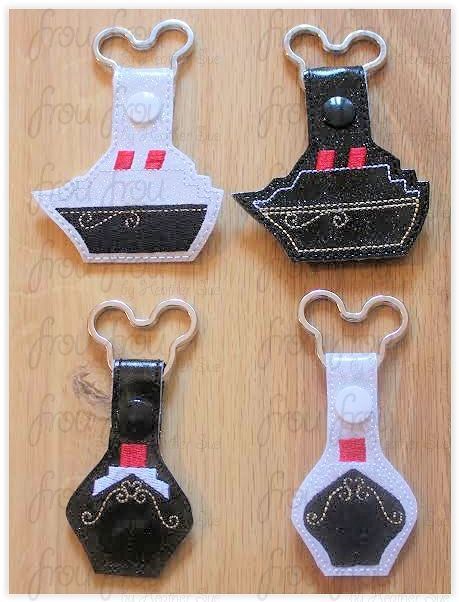 Cruise Ship TWO Design SET Dis Cruise Line Key Fob, 2 versions- filled and outline, short and long tab, velcro or snaps, THREE SIZES in the hoop Machine Applique Embroidery Design- 4&quot;, 7&quot;, and 10&quot;