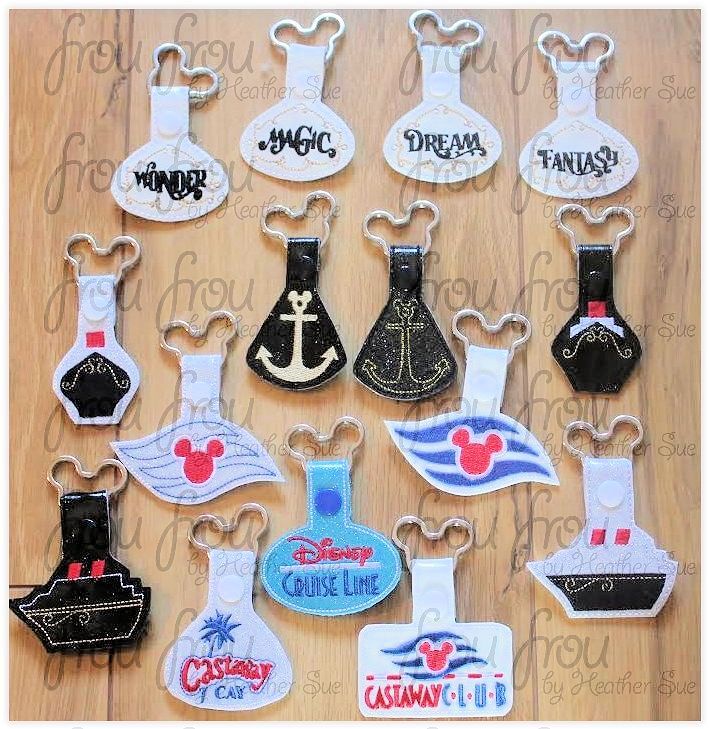 Dis Cruise Line Key Fob ELEVEN Design SET, many versions, short and long tab, velcro or snaps, THREE SIZES in the hoop Machine Applique Embroidery Design- 4&quot;, 7&quot;, and 10&quot;