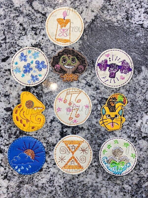 Enchanto Symbols Clippie TEN Design SET Machine Embroidery In The Hoop Project 1.5, 2, 3, and 4 inch and SORTED into multiples