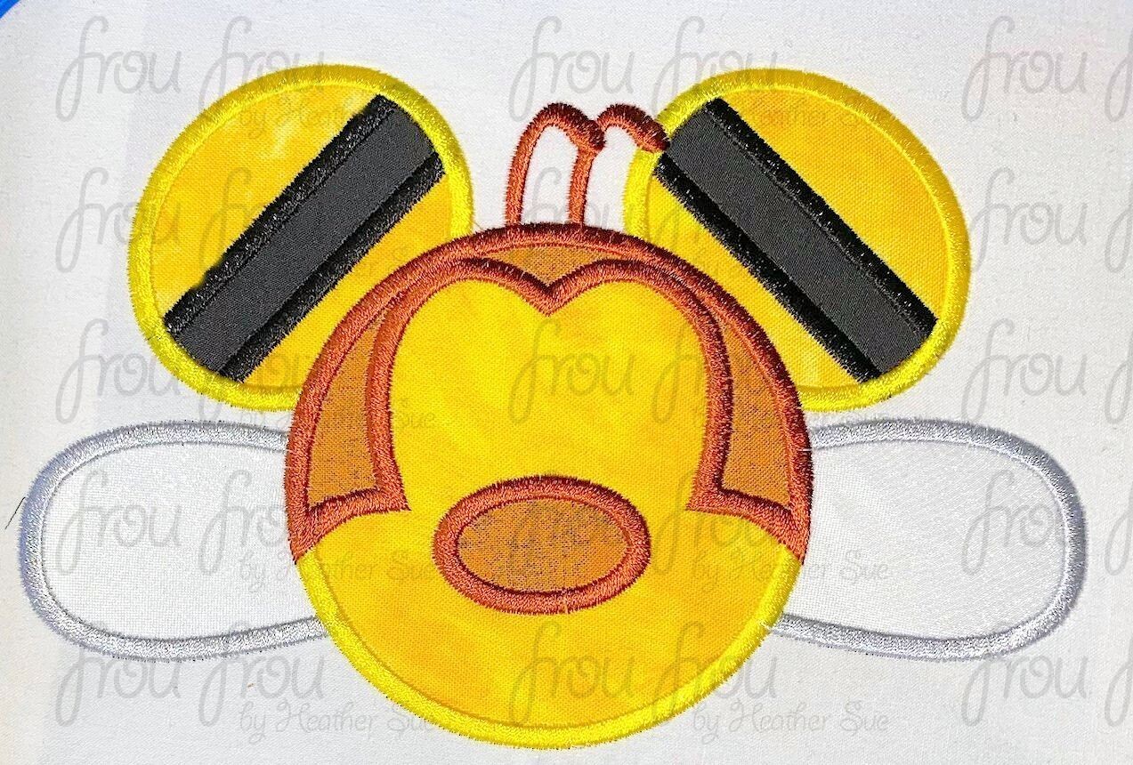 Spikey Bee Mister Mouse Head Machine Applique and Filled Embroidery Design, multiple sizes, including 1
