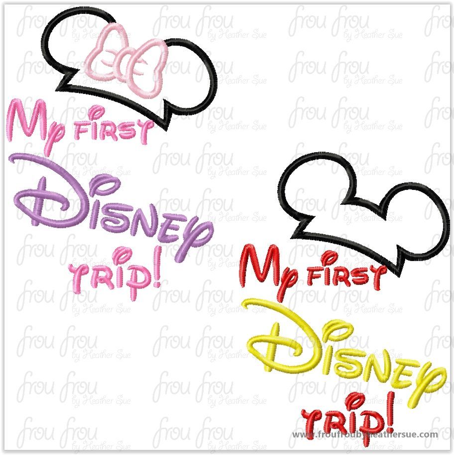 My first Dis Trip TWO design SET with Mister and Miss Mouse ears Machine Applique Embroidery Design, Multiple Sizes, including 4 inch