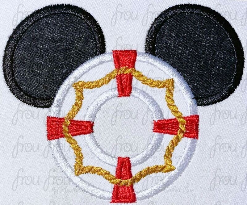 Life Preserver Mister Mouse with Black Ears Machine Applique and filled Embroidery Design, Multiple sizes 2"-16"