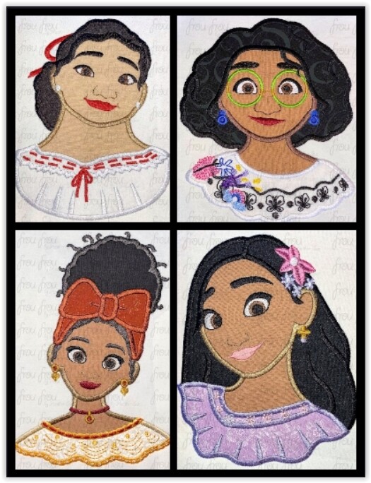 Enchanto Head and Shoulders FOUR Design SET Machine Applique Embroidery Design, Multiple sizes 4"-16"