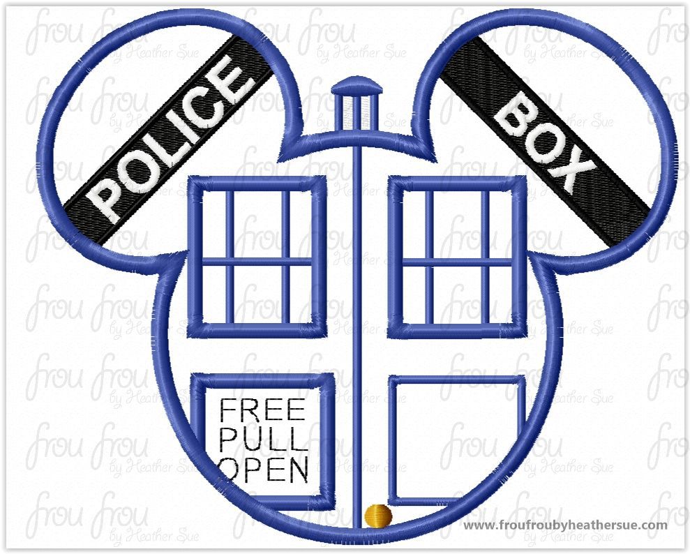 Tardy Police Box Doctor Mister Mouse Head Machine Applique Embroidery Designs, multiple sizes including 3"-16"