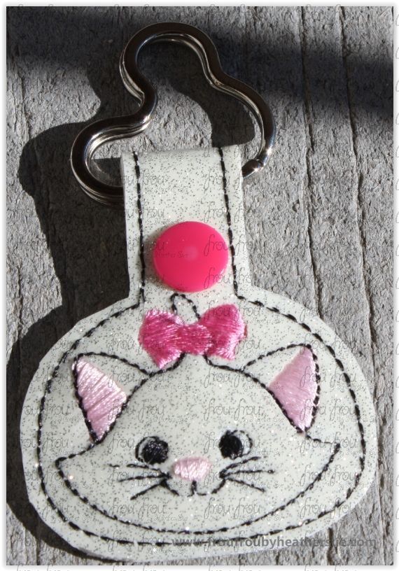 Mary Artist Cat Key Fob, short and long tab, velcro or snaps, THREE SIZES in the hoop Machine Applique Embroidery Design- 4&quot;, 7&quot;, and 10&quot;