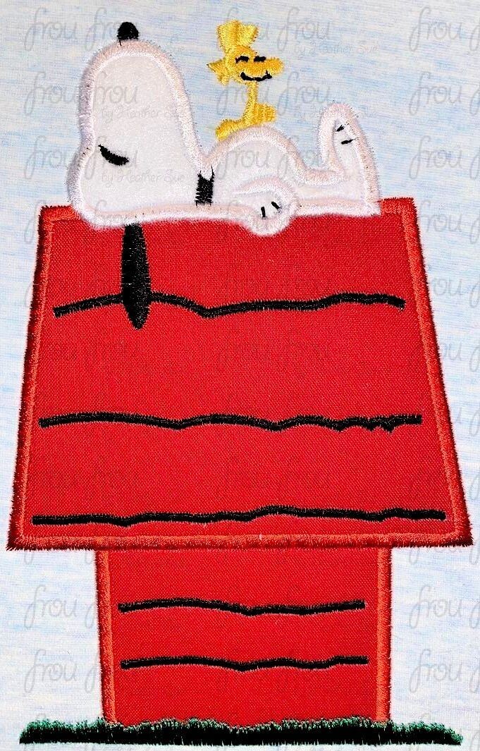 Snoops dog and Woodbird on Dog House Peanut Machine Applique and filled Embroidery Design, Multiple Sizes, including 2.5"-16"
