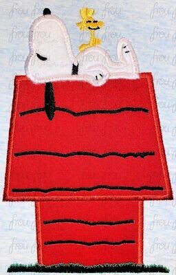 Snoops dog and Woodbird on Dog House Peanut Machine Applique and filled Embroidery Design, Multiple Sizes, including 2.5