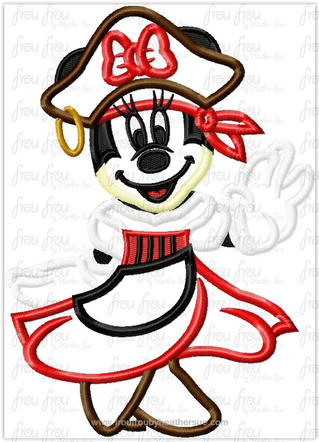 Pirate Miss Mouse Full Body Machine Applique Embroidery Design, multiple sizes including 4 inch