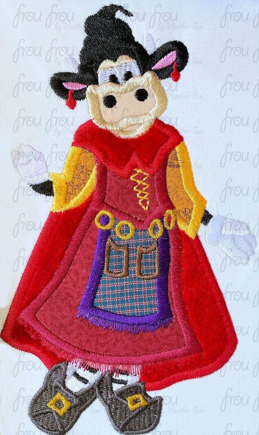 Clara Cow dressed as Marie Sand Sister Hokus Pokus Halloween Machine Applique Embroidery Design, multiple sizes, including 4