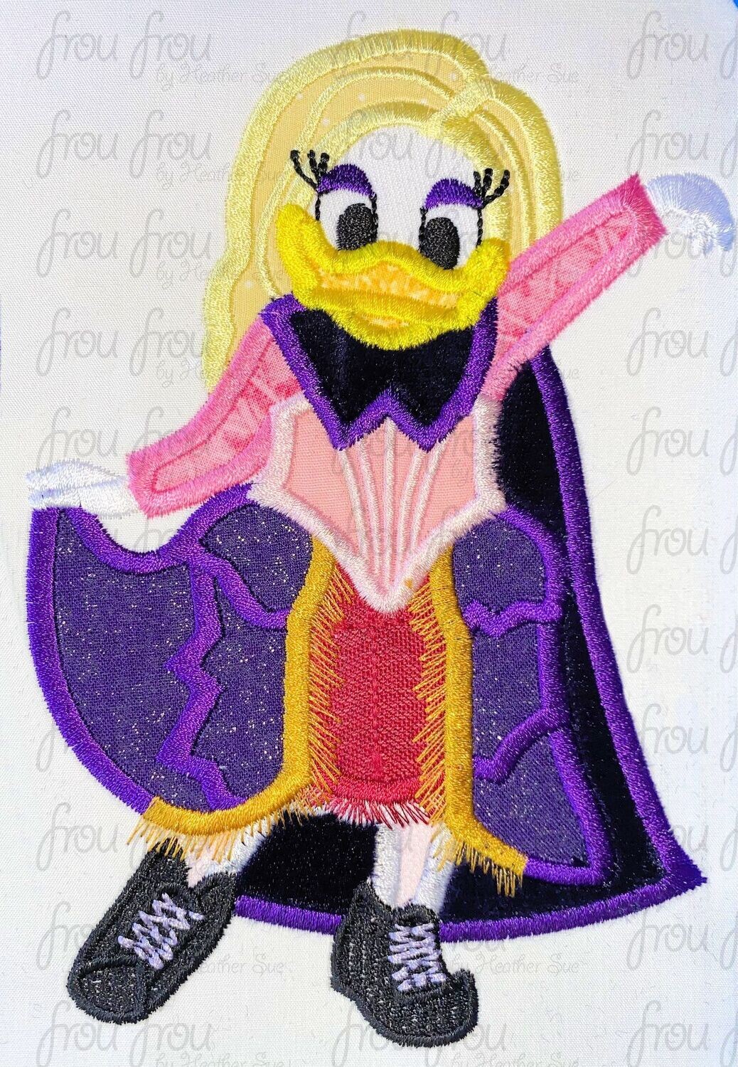 Dasey Duck dressed as Sera Sand Sister Hokus Pokus Halloween Machine Applique Embroidery Design, multiple sizes, including 4