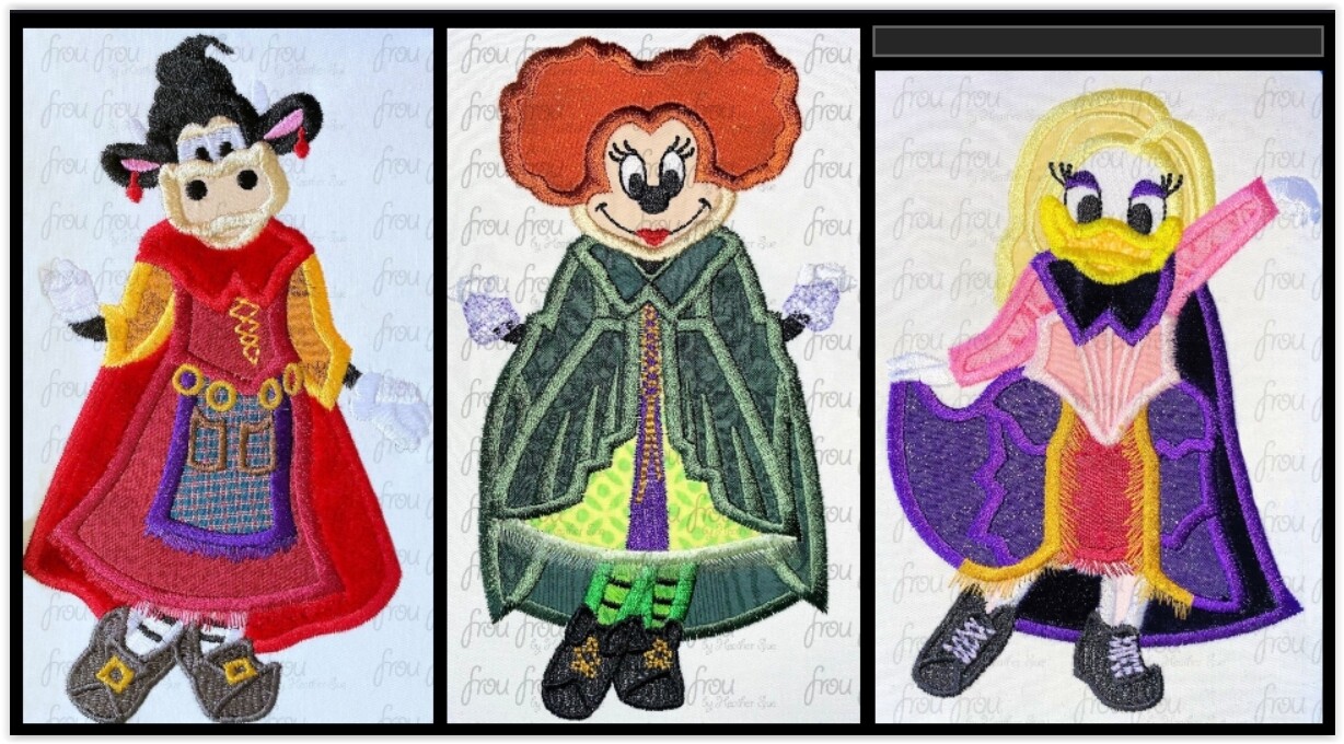 Miss Mouse, Dasey Duck, and Clara Cow dressed as Sand Sisters Hokus Pokus Halloween THREE Design SET Machine Applique Embroidery Design, multiple sizes, including 4