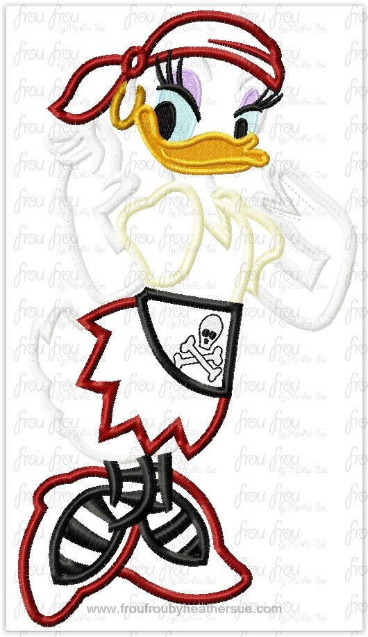 Pirate Dasey Duck Full Body Machine Applique Embroidery Design, multiple sizes including 4"-16"