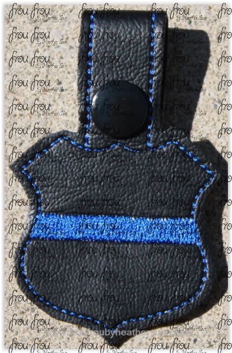 Police Badge with Thin Blue Line Key Fob, short and long tab, velcro or snaps, THREE SIZES in the hoop Machine Applique Embroidery Design- 4", 7", and 10"