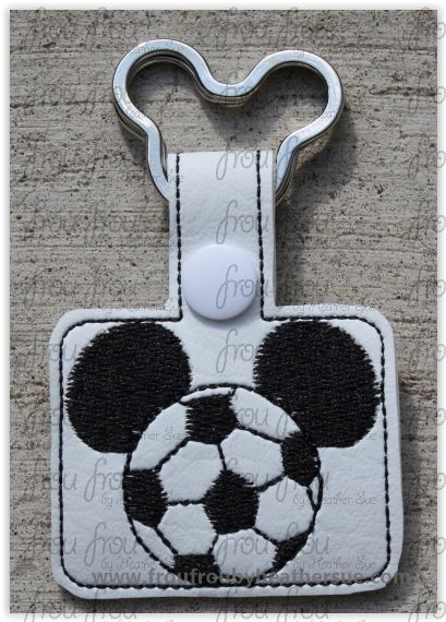 Soccer Ball Mister Mouse head Key Fob, short and long tab, velcro or snaps, THREE SIZES in the hoop Machine Applique Embroidery Design- 4&quot;, 7&quot;, and 10&quot;