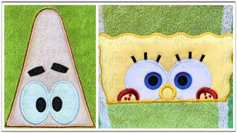 Sponge and Pat Starfish Peekers TWO Design Set Machine Applique and Filled Embroidery Design, multiple sizes including 2&quot;-16&quot;